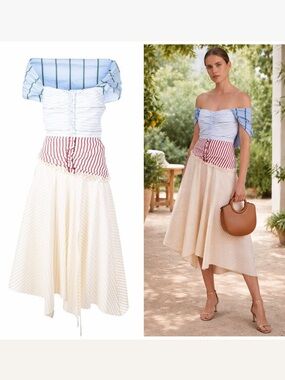 ROSIE ASSOULIN Batten Down Hatches Dress Striped Patchwork Off Shoulder 6 Pirate